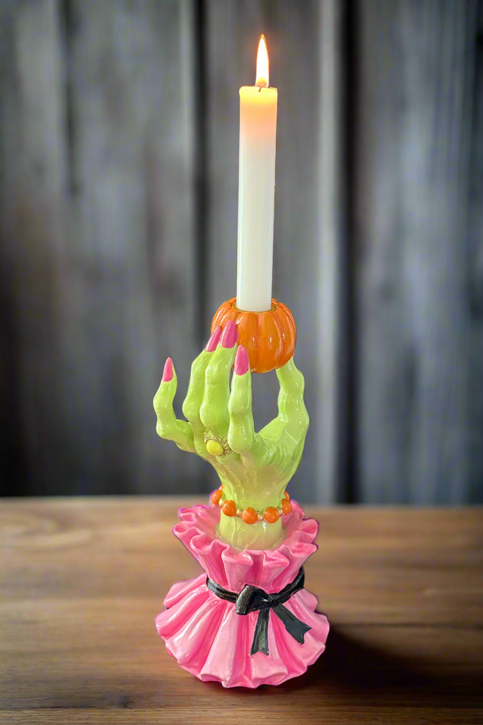 Halloween Glamorous Wicked Witch Hand Candlestick Holder, 10" H x 5" W, Pink and Green, Polyresin Taper Candle Stand