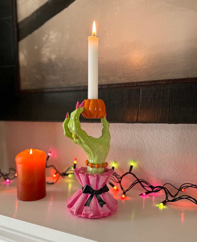 Halloween Glamorous Wicked Witch Hand Candlestick Holder, 10" H x 5" W, Pink and Green, Polyresin Taper Candle Stand
