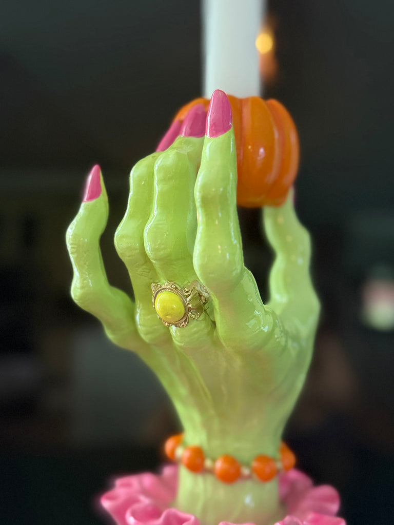 Halloween Glamorous Wicked Witch Hand Candlestick Holder, 10" H x 5" W, Pink and Green, Polyresin Taper Candle Stand