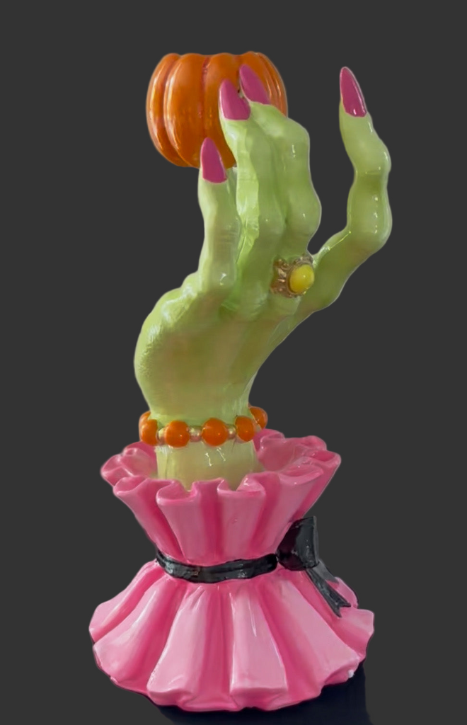 Halloween Glamorous Wicked Witch Hand Candlestick Holder, 10" H x 5" W, Pink and Green, Polyresin Taper Candle Stand