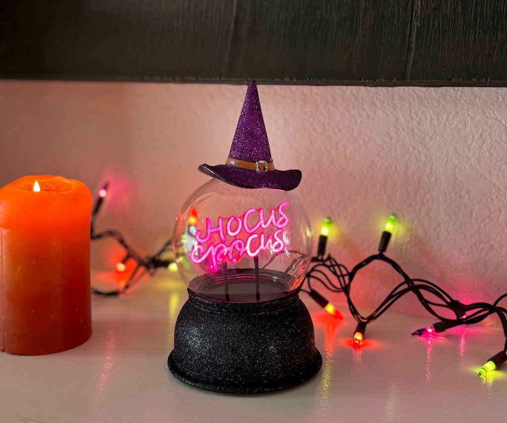 Halloween Lighted Crystal Ball with Timer, LED Witch Hat Design, Purple Light, 8.5 Inches High, Battery Operated