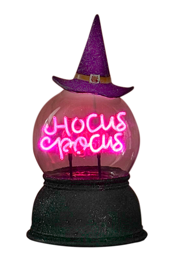 Halloween Lighted Crystal Ball with Timer, LED Witch Hat Design, Purple Light, 8.5 Inches High, Battery Operated