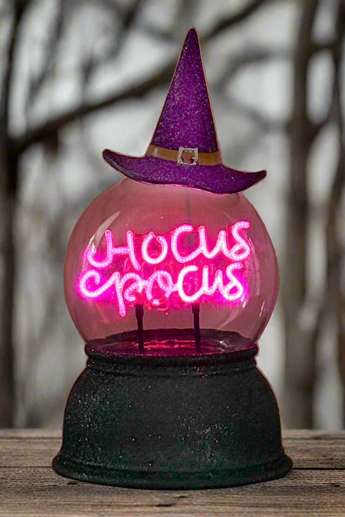 Halloween Lighted Crystal Ball with Timer, LED Witch Hat Design, Purple Light, 8.5 Inches High, Battery Operated