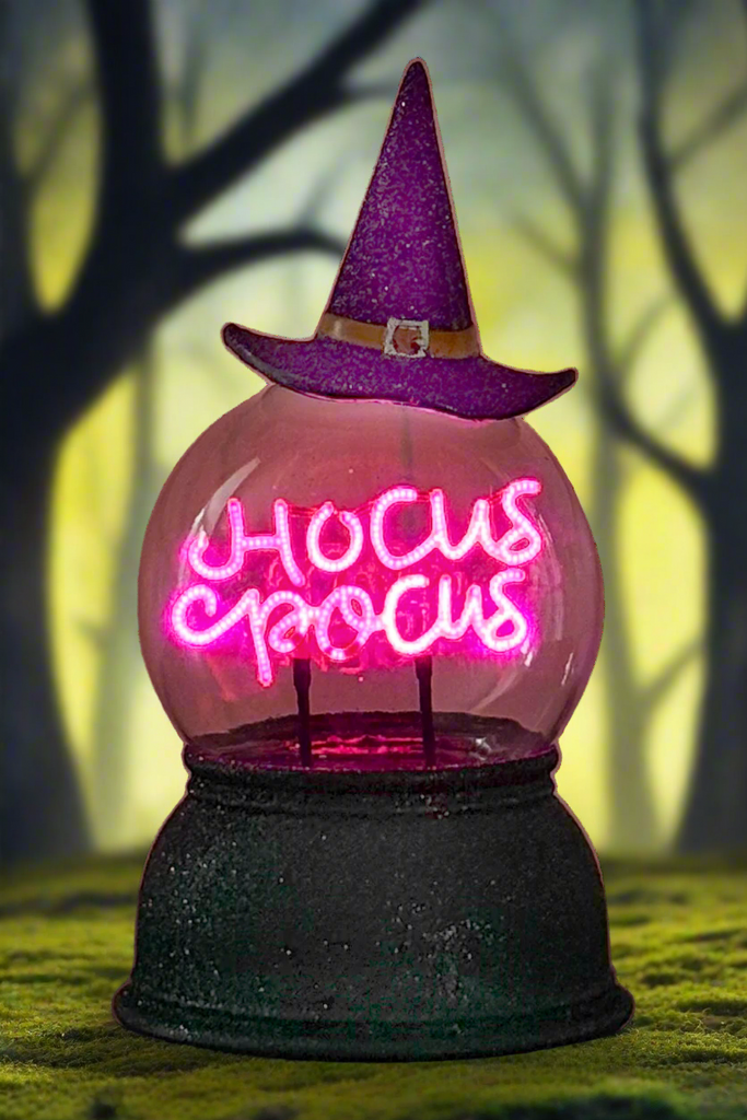 Halloween Lighted Crystal Ball with Timer, LED Witch Hat Design, Purple Light, 8.5 Inches High, Battery Operated
