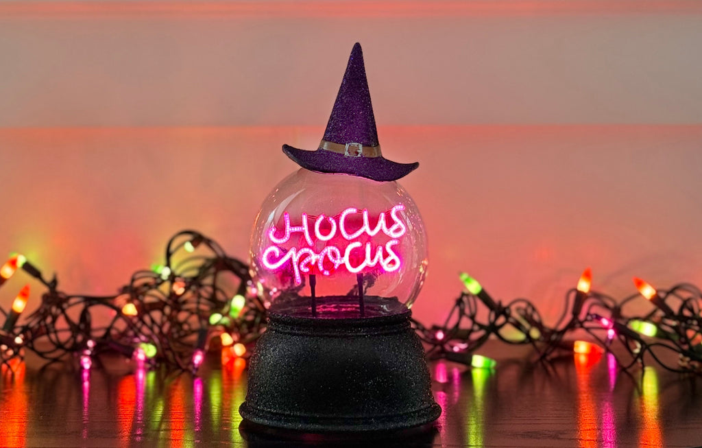 Halloween Lighted Crystal Ball with Timer, LED Witch Hat Design, Purple Light, 8.5 Inches High, Battery Operated