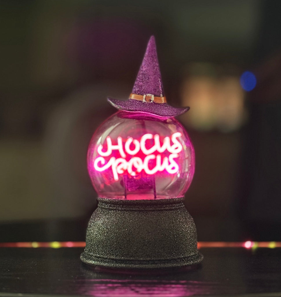 Halloween Lighted Crystal Ball with Timer, LED Witch Hat Design, Purple Light, 8.5 Inches High, Battery Operated