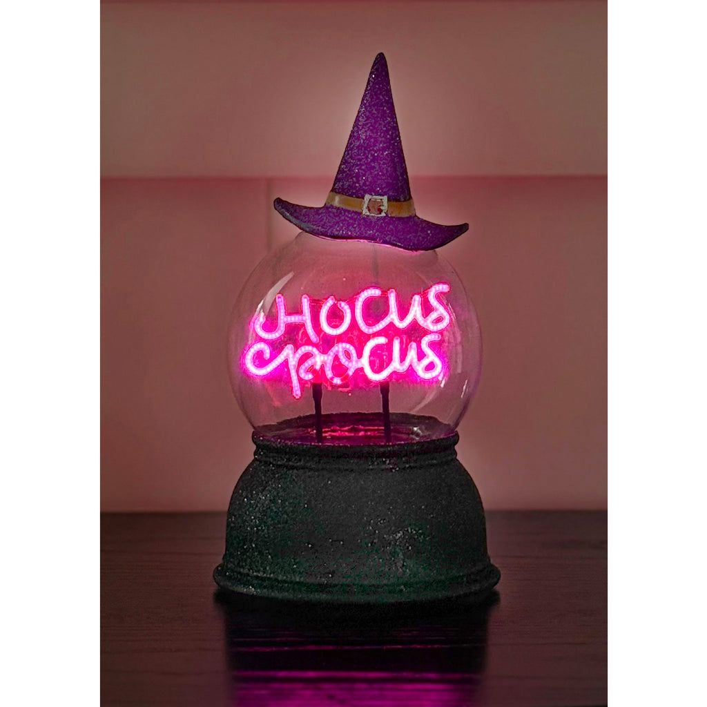 Halloween Lighted Crystal Ball with Timer, LED Witch Hat Design, Purple Light, 8.5 Inches High, Battery Operated