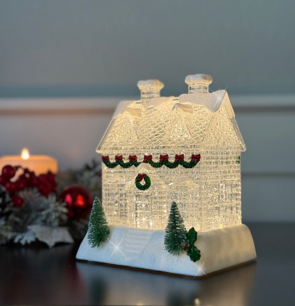 Christmas House Snow Globe with LED Lighting, Battery Operated with Timer, 6.25" High, Clear Acrylic with Holiday Decor, Christmas Village House Water Lantern
