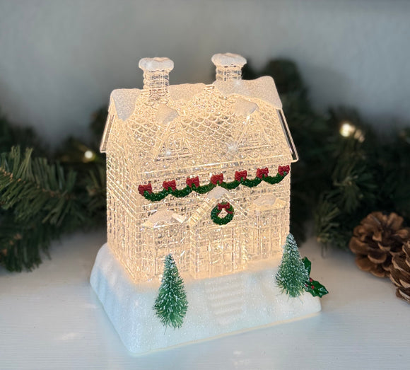 Christmas House Snow Globe with LED Lighting, Battery Operated with Timer, 6.25" High, Clear Acrylic with Holiday Decor, Christmas Village House Water Lantern