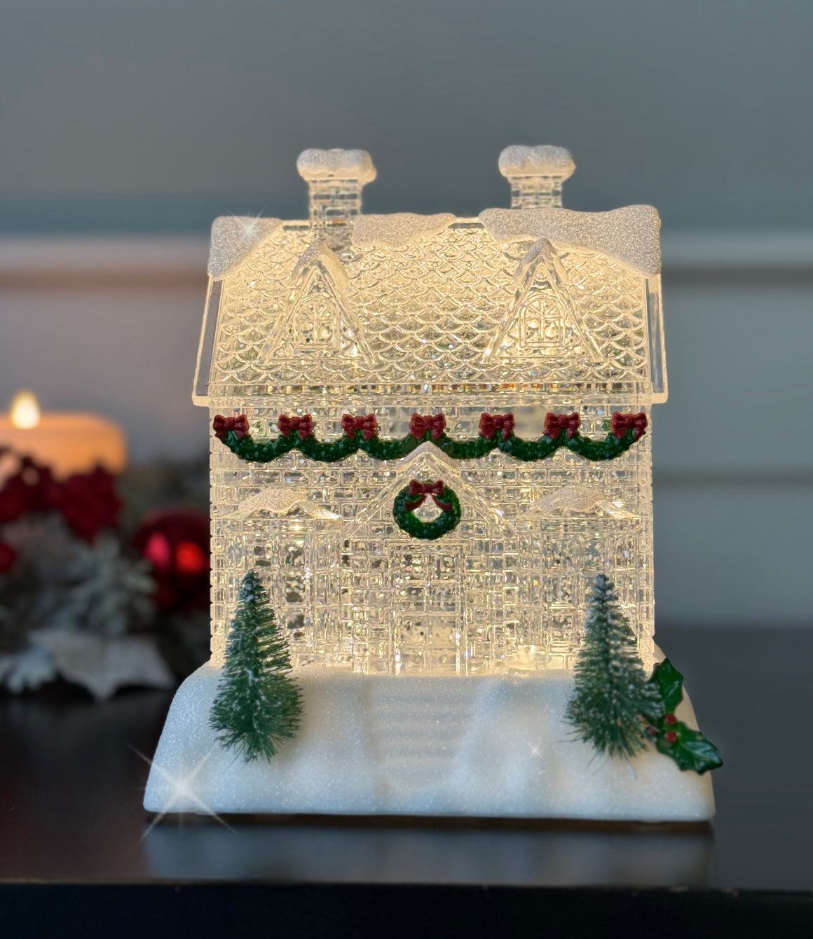 Christmas House Snow Globe with LED Lighting, Battery Operated with Timer, 6.25" High, Clear Acrylic with Holiday Decor, Christmas Village House Water Lantern