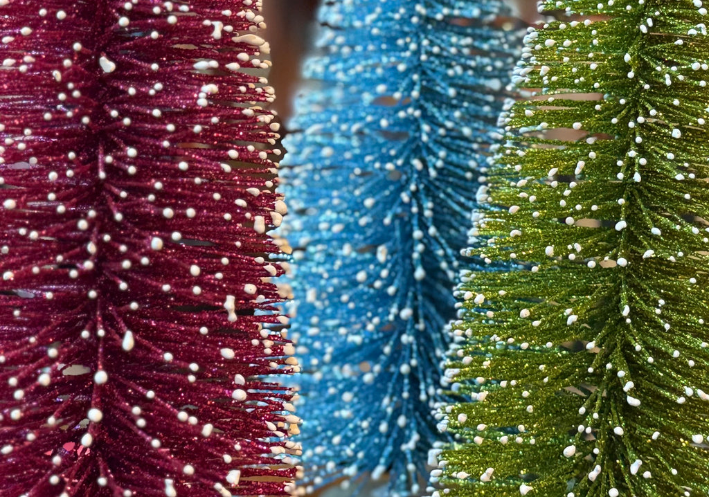 Decorative Glittered Bottlebrush Christmas Trees, Set of 5, Multicolors with Gold Bases, 7-11 Inches High, Snow-Tipped
