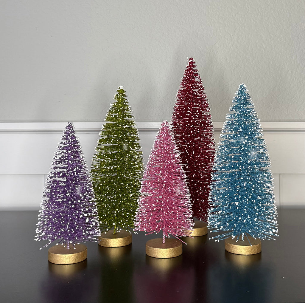 Decorative Glittered Bottlebrush Christmas Trees, Set of 5, Multicolors with Gold Bases, 7-11 Inches High, Snow-Tipped