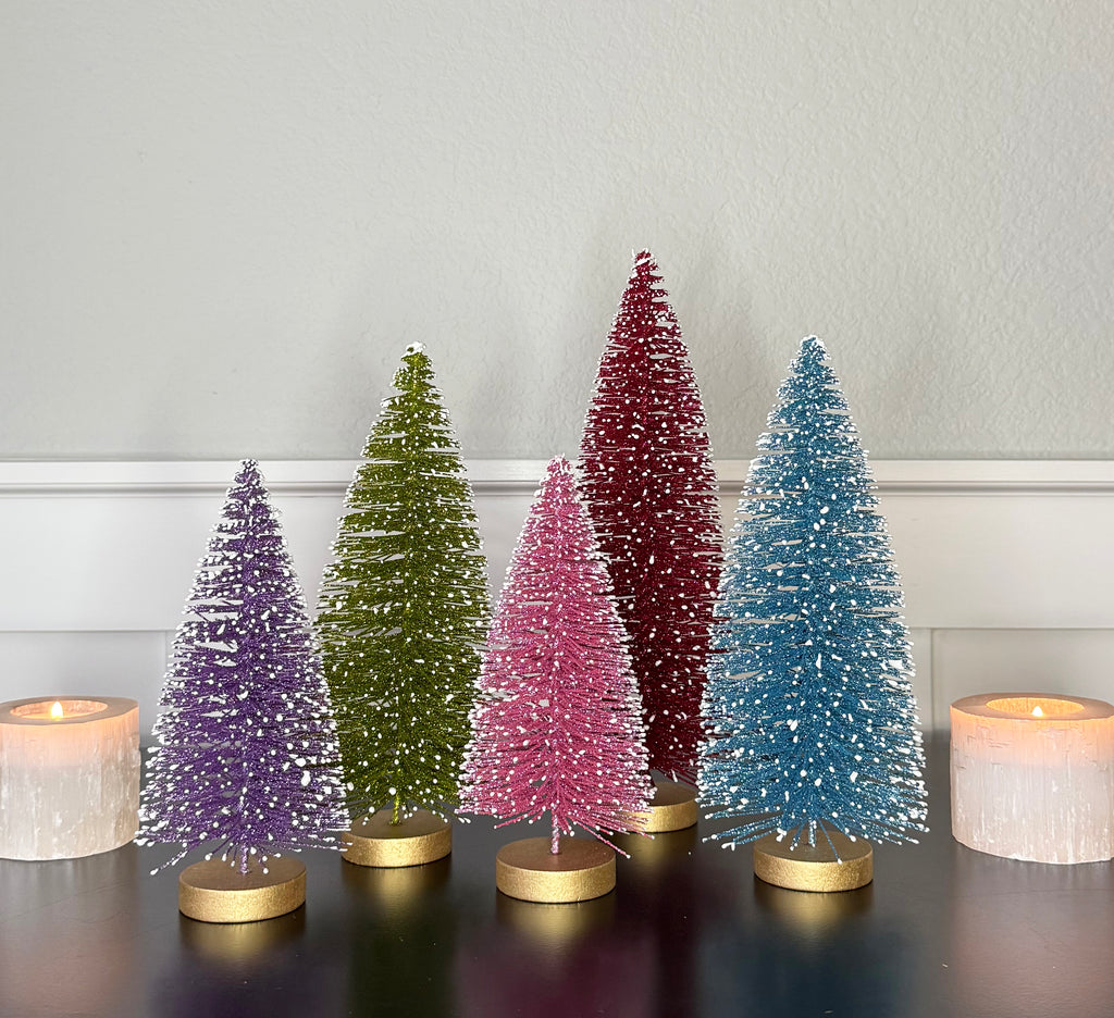 Decorative Glittered Bottlebrush Christmas Trees, Set of 5, Multicolors with Gold Bases, 7-11 Inches High, Snow-Tipped