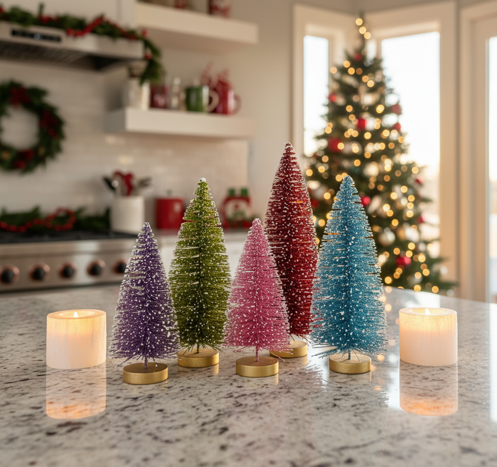 7" to 11" high Set of colorful miniature Christmas trees on a reflective surface with candles.