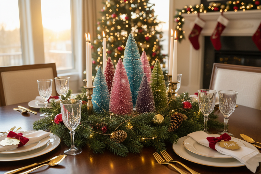 7" to 11" high Set of colorful bottlebrush trees on a white surface with candles.