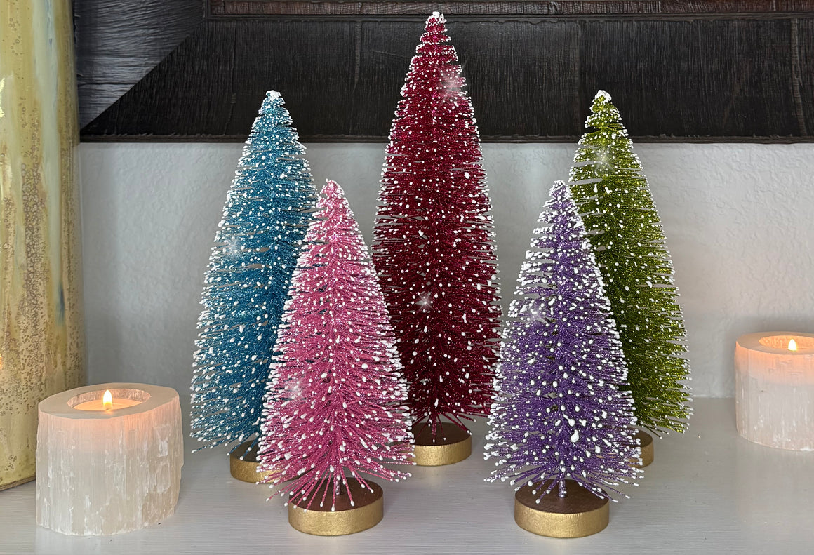 Decorative Glittered Bottlebrush Christmas Trees, Set of 5, Multicolors with Gold Bases, 7-11 Inches High, Snow-Tipped