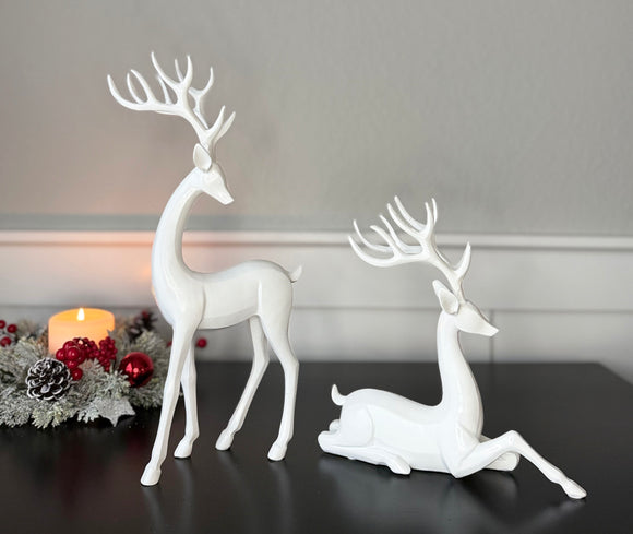 Modern Reindeer Figurines in Sculptural White Gloss, Set of 2, Christmas and Winter Deer Decor, 15 Inches High