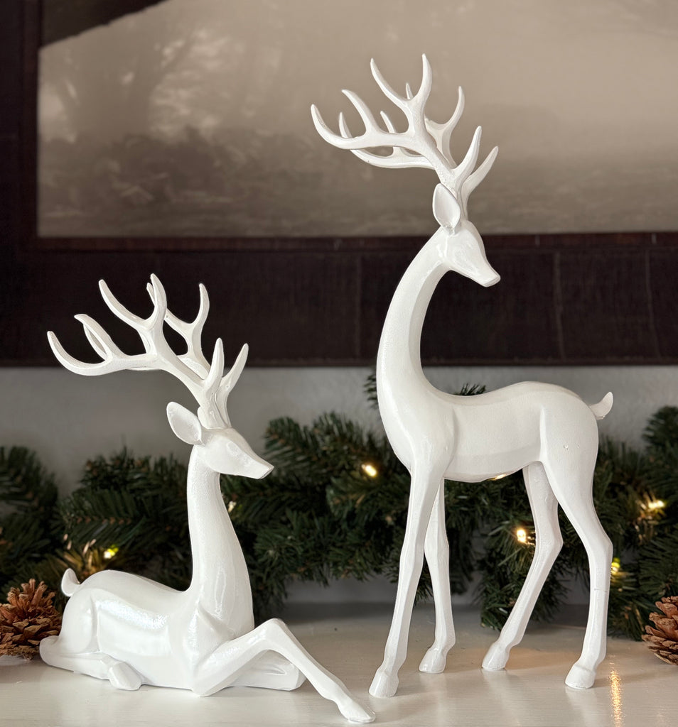 Modern Reindeer Figurines in Sculptural White Gloss, Set of 2, Christmas and Winter Deer Decor, 15 Inches High