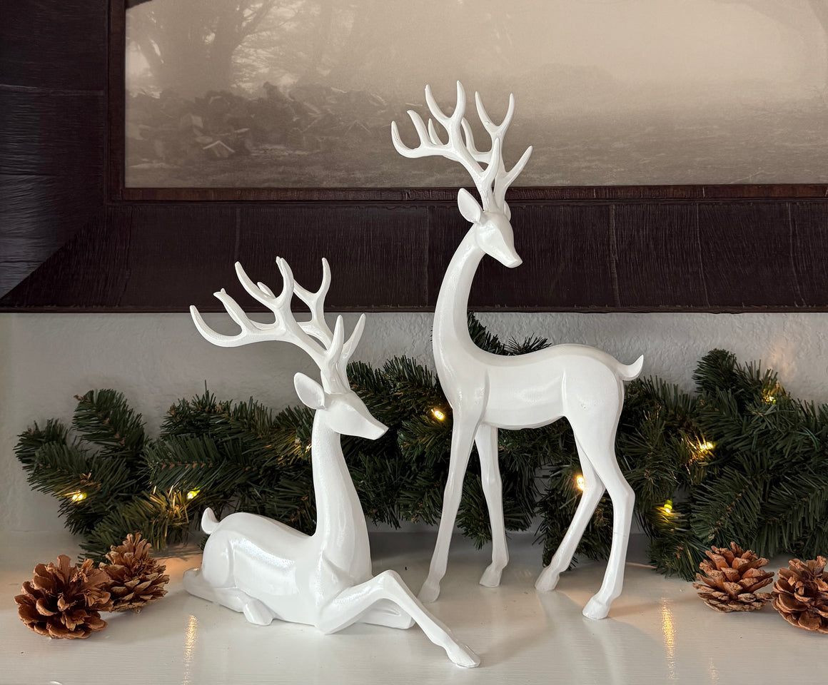 Modern Reindeer Figurines in Sculptural White Gloss, Set of 2, Christmas and Winter Deer Decor, 15 Inches High
