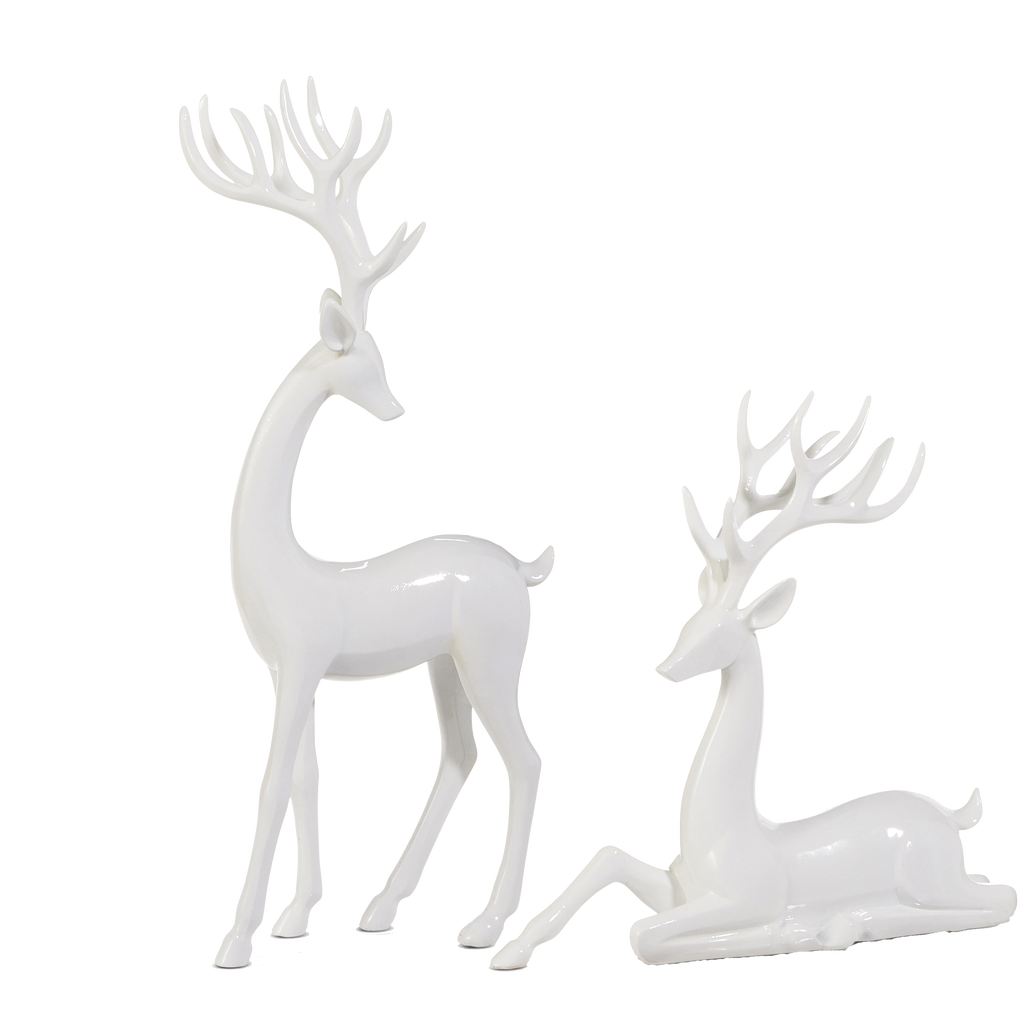 Modern Reindeer Figurines in Sculptural White Gloss, Set of 2, Christmas and Winter Deer Decor, 15 Inches High