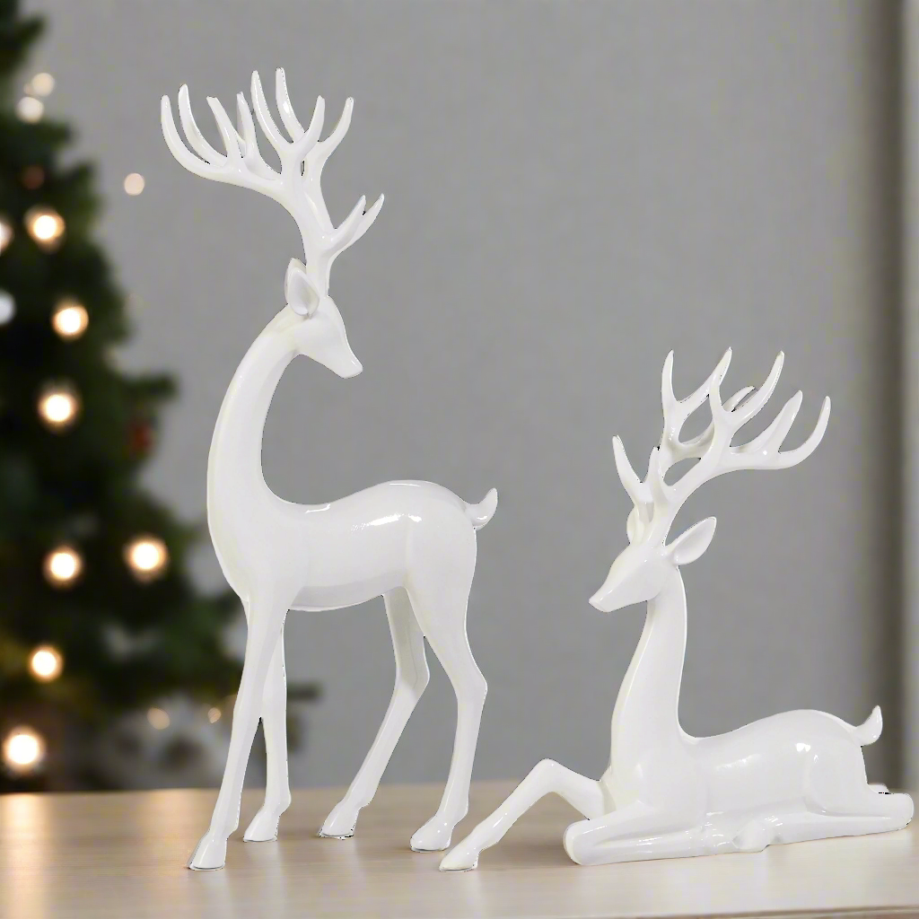Modern Reindeer Figurines in Sculptural White Gloss, Set of 2, Christmas and Winter Deer Decor, 15 Inches High