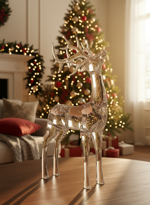 Clear Acrylic Deer Sculpture, 15 inch Height, Christmas Holiday Reindeer Decor, 2 Pounds, Solid Sculpted Decoration