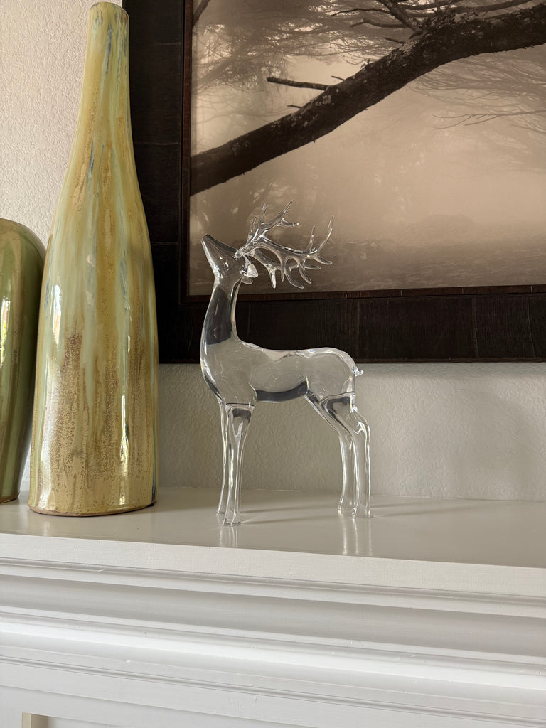 Clear Acrylic Deer Sculpture, 15 inch Height, Christmas Holiday Reindeer Decor, 2 Pounds, Solid Sculpted Decoration