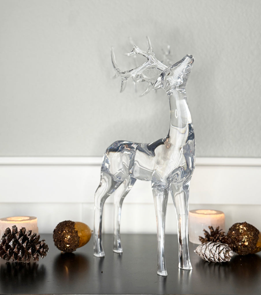 Clear Acrylic Deer Sculpture, 15 inch Height, Christmas Holiday Reindeer Decor, 2 Pounds, Solid Sculpted Decoration