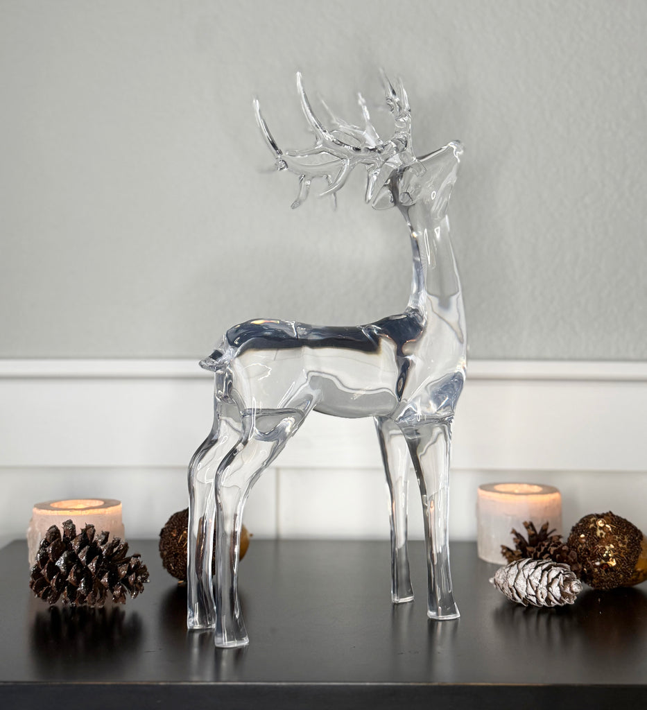 Clear Acrylic Deer Sculpture, 15 inch Height, Christmas Holiday Reindeer Decor, 2 Pounds, Solid Sculpted Decoration