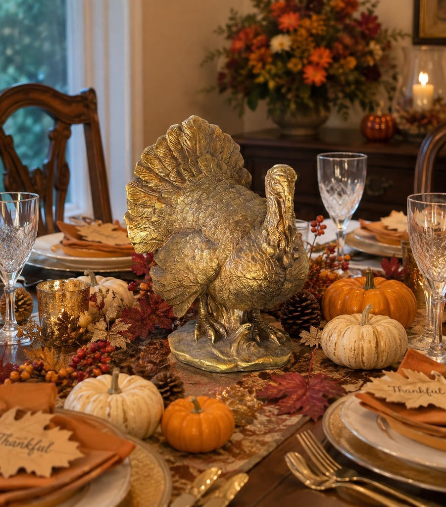 Gold Turkey Decor Figurine, Thanksgiving Table Decoration, 10.25" High