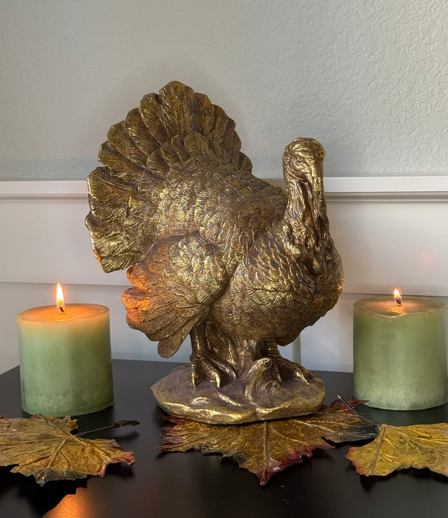Gold Turkey Decor Figurine, Thanksgiving Table Decoration, 10.25" High