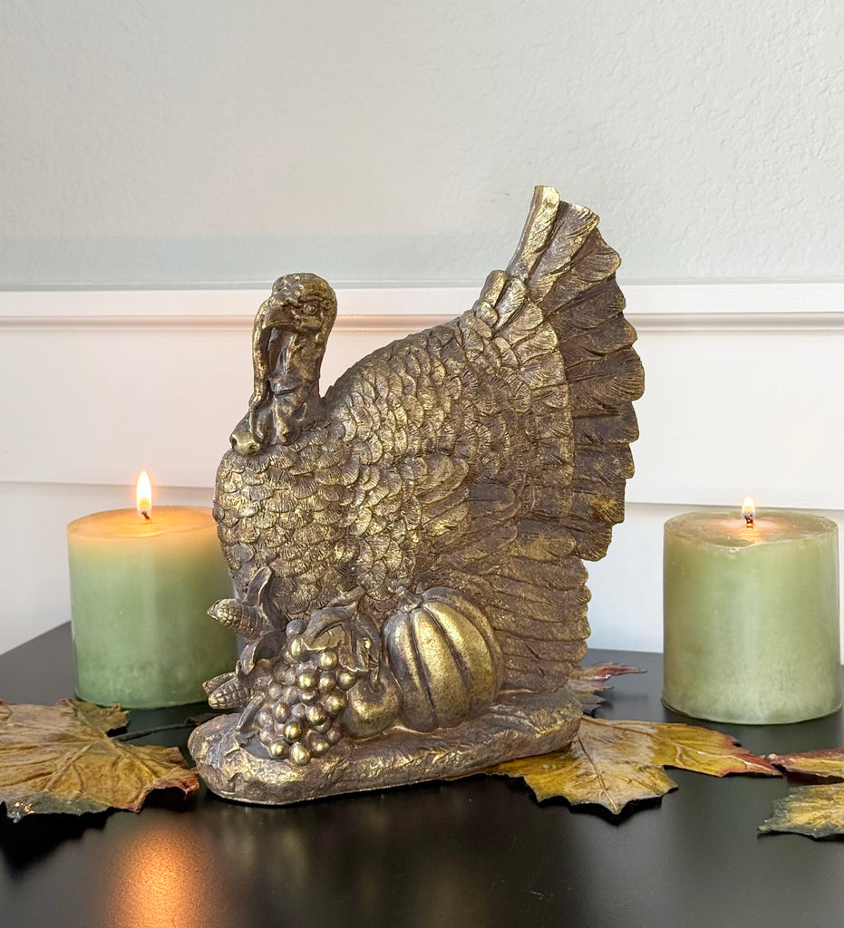 Metallic Antique Gold Turkey Figurine Thanksgiving Harvest Decor, 8.5" High