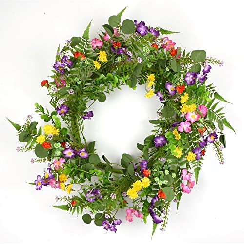 22 Inch Artificial Wildflower Wreath, Preserved Floral Look - Yellow, Pink, Purple, Coral and Green, Front Door Wreath for Spring and Summer