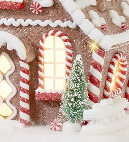 TenWaterloo Large Lighted Gingerbread Peppermint Candy House in Clay Dough Resin with Frosted Snow Look, Battery Operated, 10 inches High x 8.5 Inches Wide- White, Red and Tan