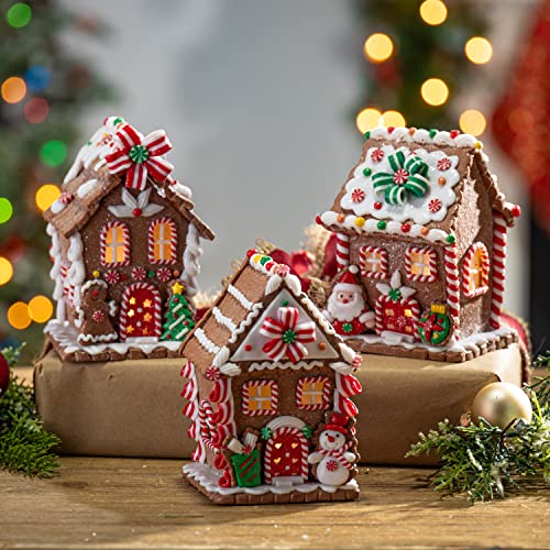 Set of 3 5.5-in B/O lighted clay dough gingerbread houses