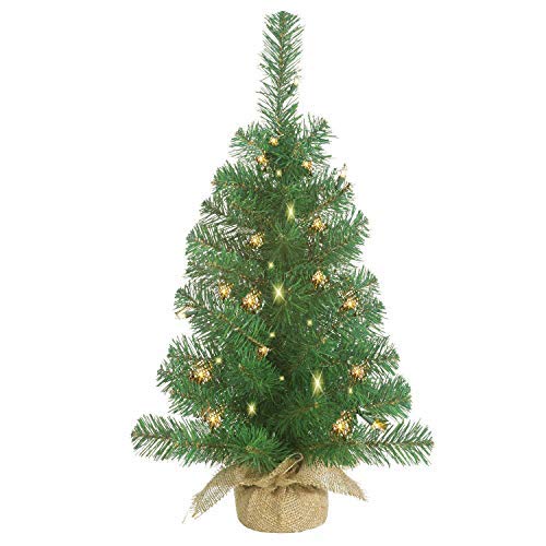 Copy of Lighted Christmas Pine Tree 23 Inches High with Battery Operated Timer and Warm White LED Lights - Burlap Wrapped Base- Artificial Pre-Lit Christmas Pine Tree - Indoor / Outdoor - Steady and Flashing