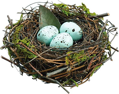 TenWaterloo 4.5 Inch Mossy Bird's Nest with Blue/Green Eggs - Faux Eggs with Natural Twigs - Spring and Easter Décor, 4.5 Inches Wide