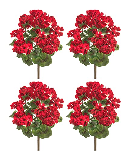 TenWaterloo UV Protected Artificial Red Geranium Flower Bushes, Set of 4-18 Inches High, Indoor and Outdoor Use, Artificial Geranium Flowers