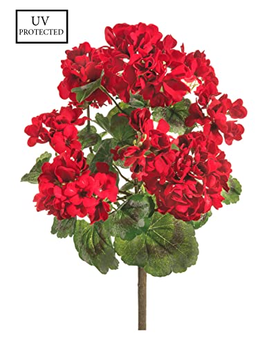 TenWaterloo UV Protected Artificial Red Geranium Flower Bushes, Set of 4-18 Inches High, Indoor and Outdoor Use, Artificial Geranium Flowers