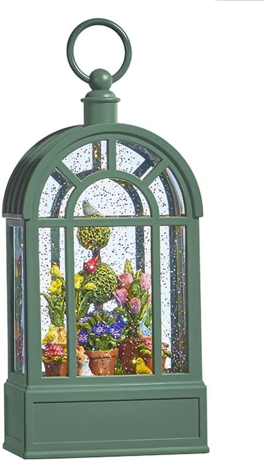 Lighted Green Gazebo Water Lantern with Birds, Topiary, Rabbits and Flowers Amid Swirling Glittered Water Effect, Easter Lighted Water Lantern with Timer, 10.25 Inches, Battery Operated
