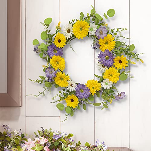 16 Inch Artificial Floral Wreath with Yellow, Purple and White Blossoms and Greenery, Spring and Summer Front Door Wreath