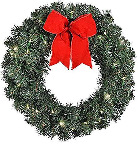 Artificial Pre-Lit Balsam Pine Christmas Wreath with Red Bow, 16 Inches, Battery Operated with Timer