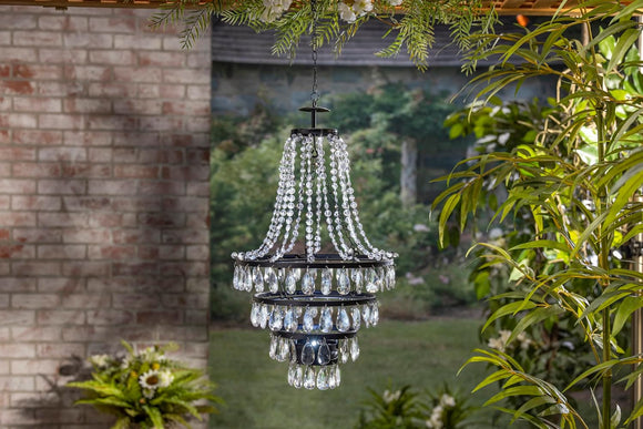 TenWaterloo 18 Inches Tall Acrylic Crystal Outdoor Solar Chandelier, White Integrated LED Light, Black Metal