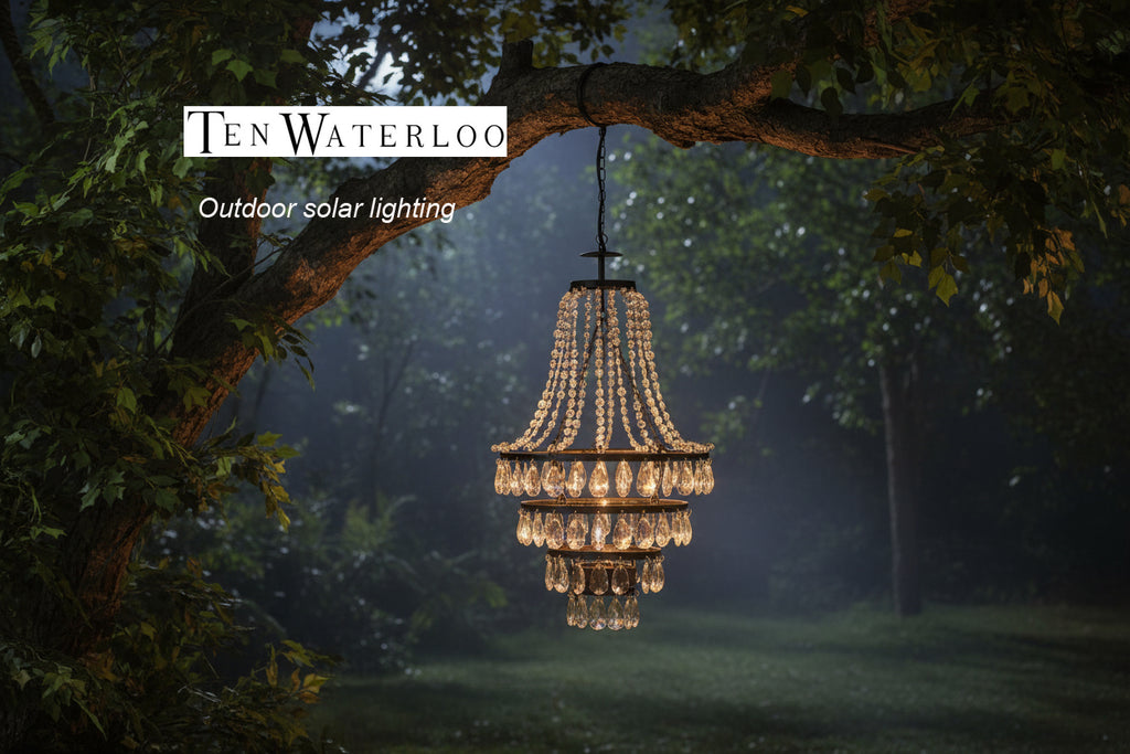 TenWaterloo 18 Inches Tall Acrylic Crystal Outdoor Solar Chandelier, White Integrated LED Light, Black Metal