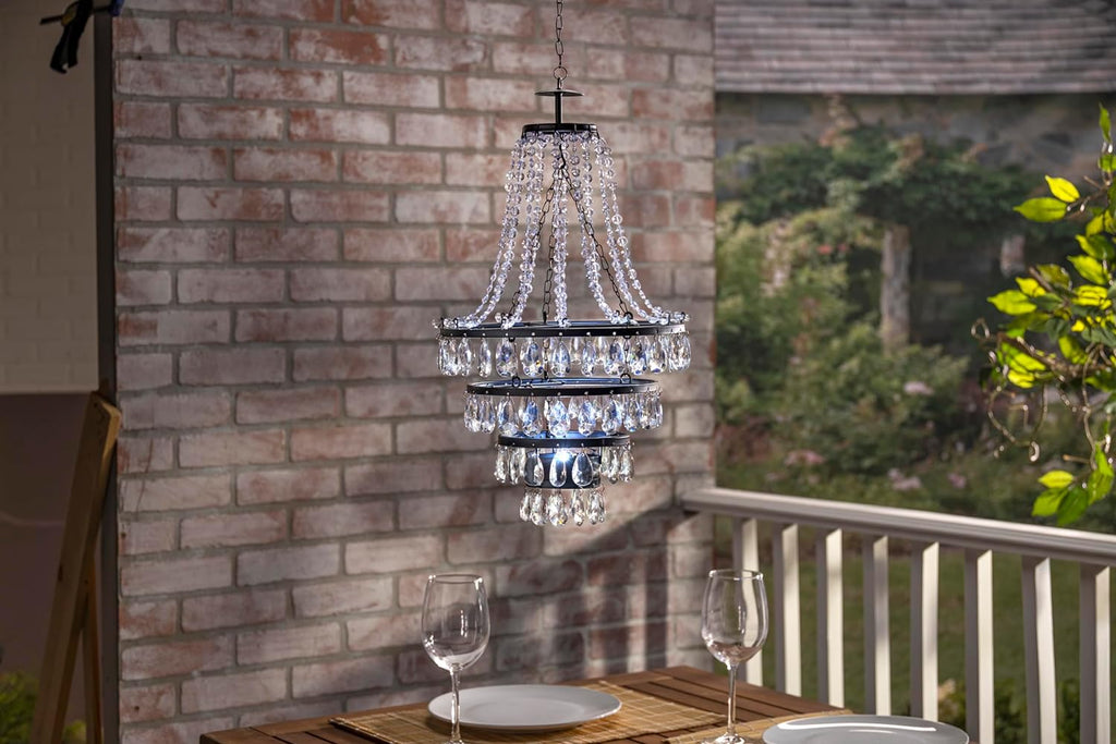 18 Inches Tall Acrylic Crystal Outdoor Solar Chandelier, White Integrated LED Light, Black Metal