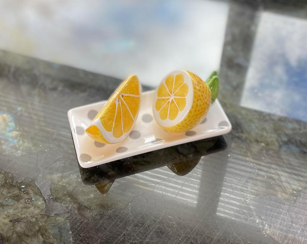 Ceramic Lemons Salt and Pepper Shaker Set, Polka Dot Tray with Lemon Slices, Salt and Pepper Shaker Set of 3, White, Yellow and Grey, 6 Inches x 3 Inches