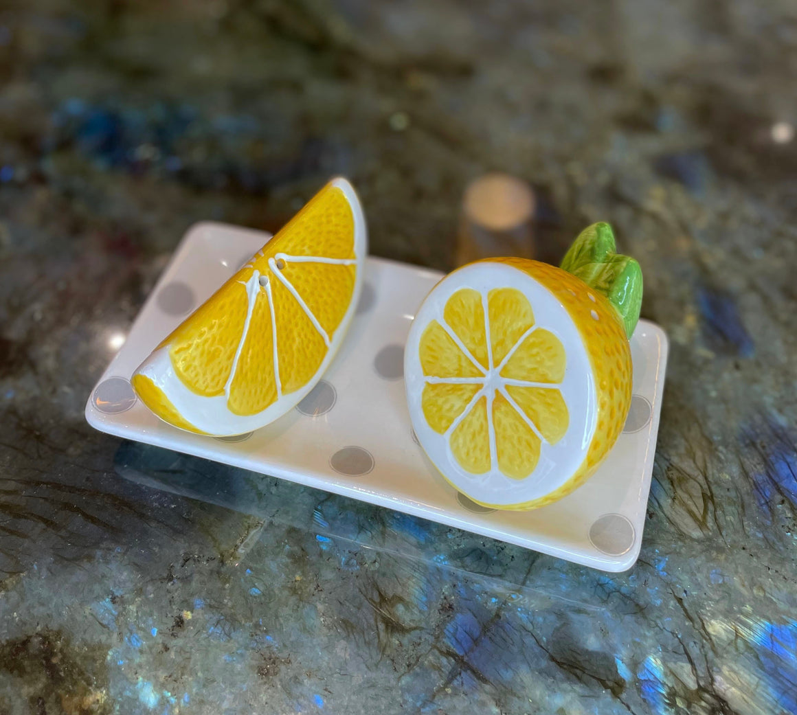 Ceramic Lemons Salt and Pepper Shaker Set, Polka Dot Tray with Lemon Slices, Salt and Pepper Shaker Set of 3, White, Yellow and Grey, 6 Inches x 3 Inches