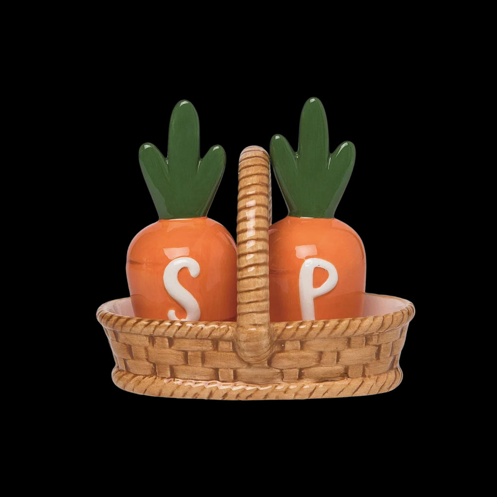 Carrots in Basket Spring and Summer Salt and Pepper Shaker Set, Hand Painted Ceramic, Orange and Green, 4.5" High, 2 Piece Set with Basket- Garden, Easter, Farmhouse, Kitchen Decoration