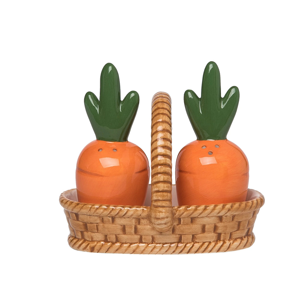 Carrots in Basket Spring and Summer Salt and Pepper Shaker Set, Hand Painted Ceramic, Orange and Green, 4.5" High, 2 Piece Set with Basket- Garden, Easter, Farmhouse, Kitchen Decoration