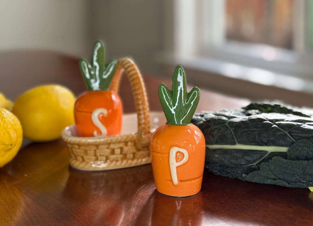 Carrots in Basket Spring and Summer Salt and Pepper Shaker Set, Hand Painted Ceramic, Orange and Green, 4.5" High, 2 Piece Set with Basket- Garden, Easter, Farmhouse, Kitchen Decoration
